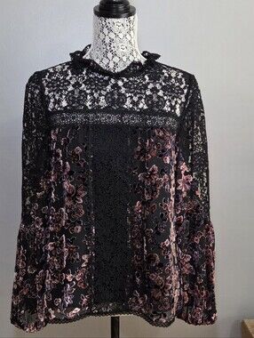 Nannete Lepore Black Lace & Floral Velvet Blouse with Pink Accents